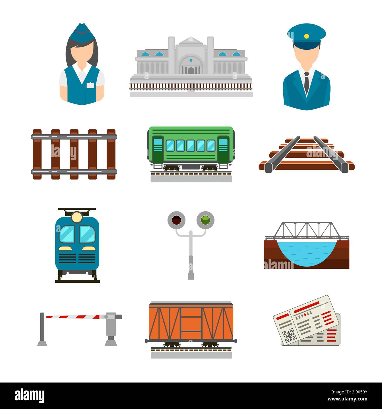 Vector set of railroad icons in flat style. Bridge and gate, ticket and railway station, driver and conductor, platform transportation illustration Stock Vector