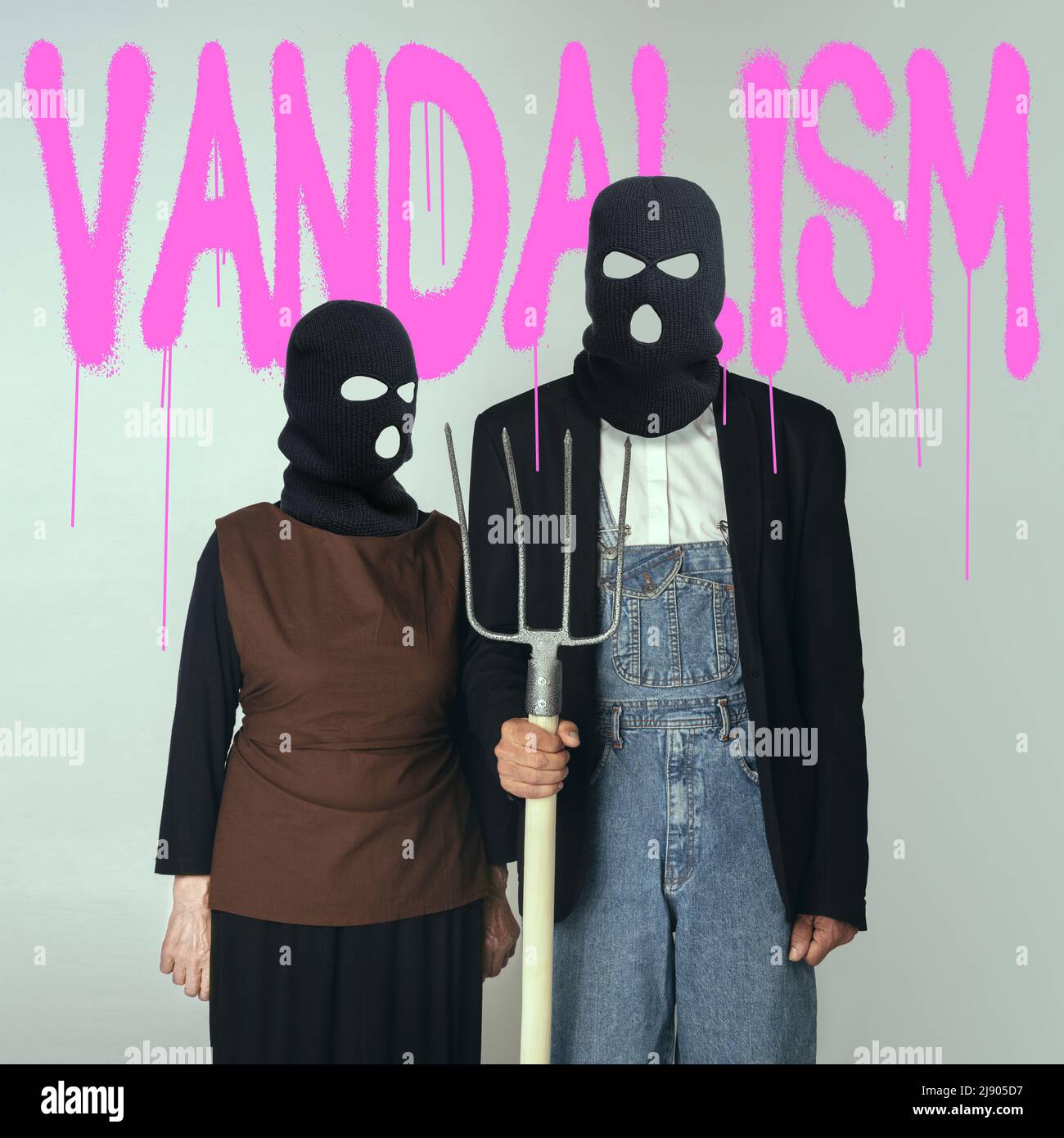 Contemporary art collage. Retro portrait of man and woman in black balaclavas isolated on grey background. Faceless vandalism Stock Photo