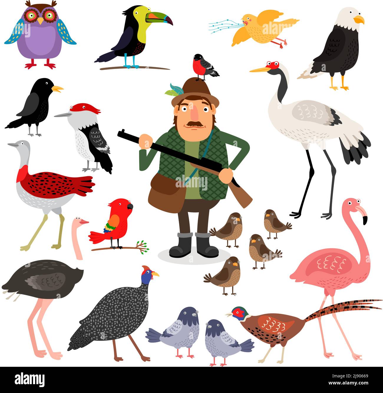Hunter holding a shotgun. A variety of birds, flamingos, eagle, owl, sparrows and pigeons. Fowling. Vector illustration on white background Stock Vector
