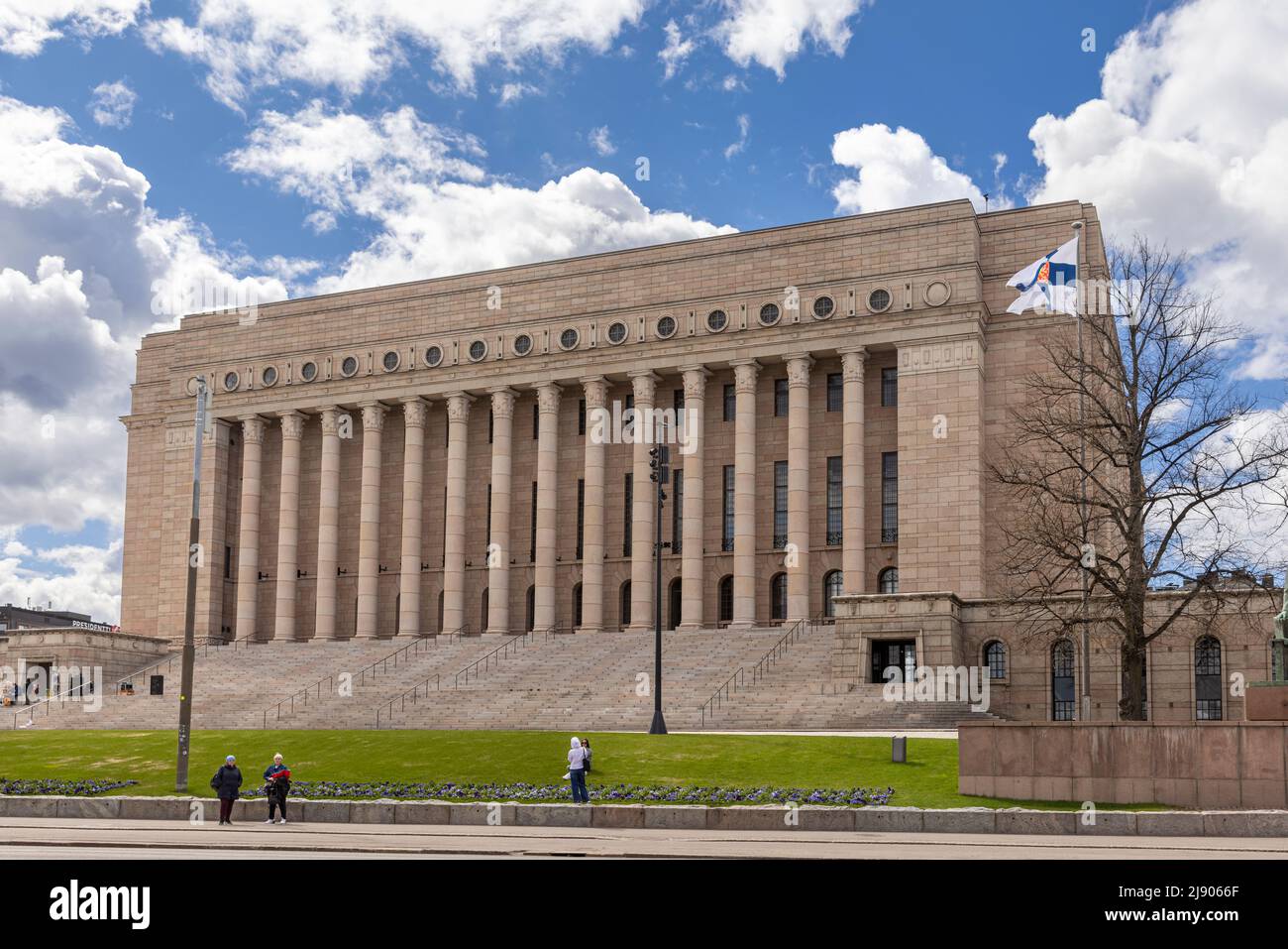 Finnish Parliament building with famous red granite colonnade Stock Photo