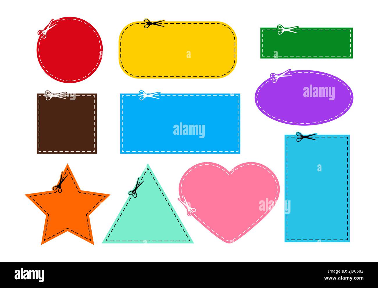 Scrissors cut coupon dotted line with dash icon set. Stock Vector