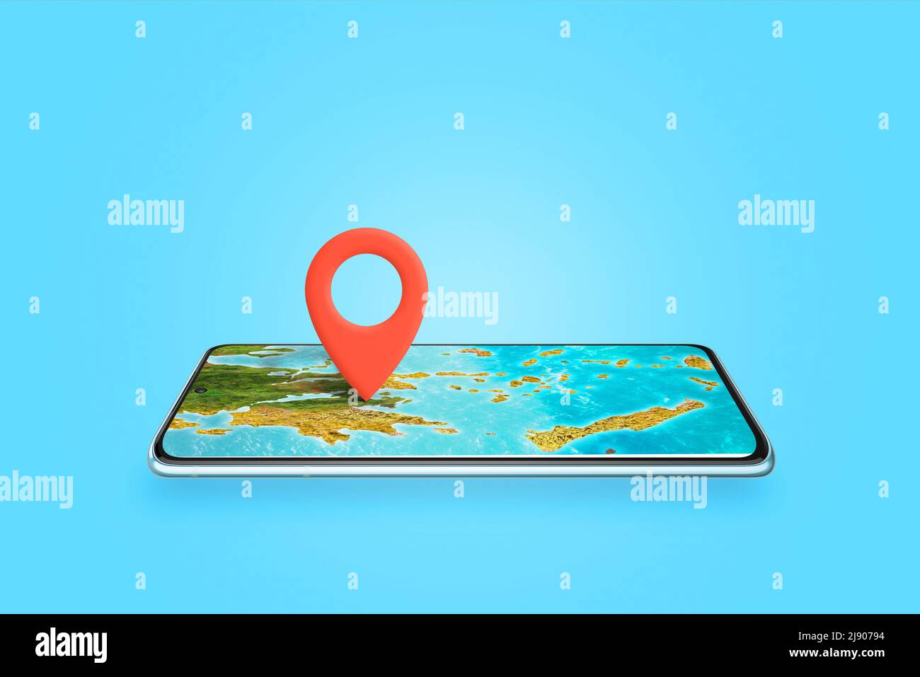 Phone as a map concept. Map pin pinned to the phone display where the map is located. The concept of summer travel and finding a holiday destination Stock Photo