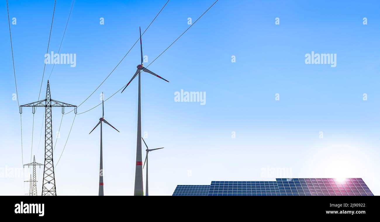 Panorama with Wind Turbines, Solar Cells and Power Lines Stock Photo ...