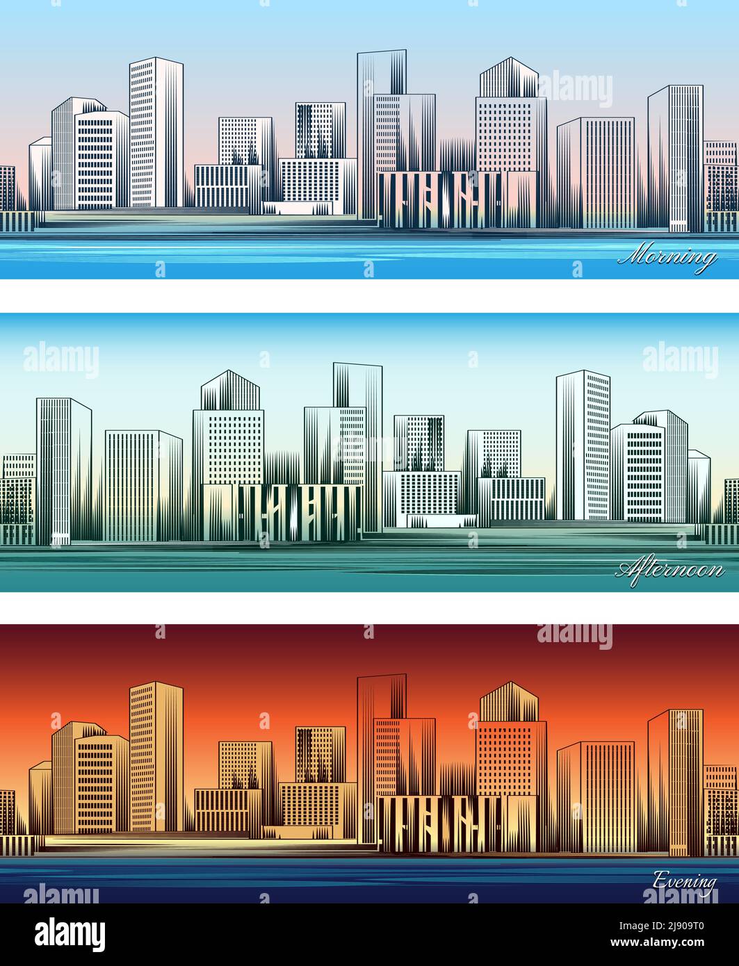 Set of city skylines in morning, afternoon and evening backgrounds seamless. Twilight and business district. Vector illustration Stock Vector