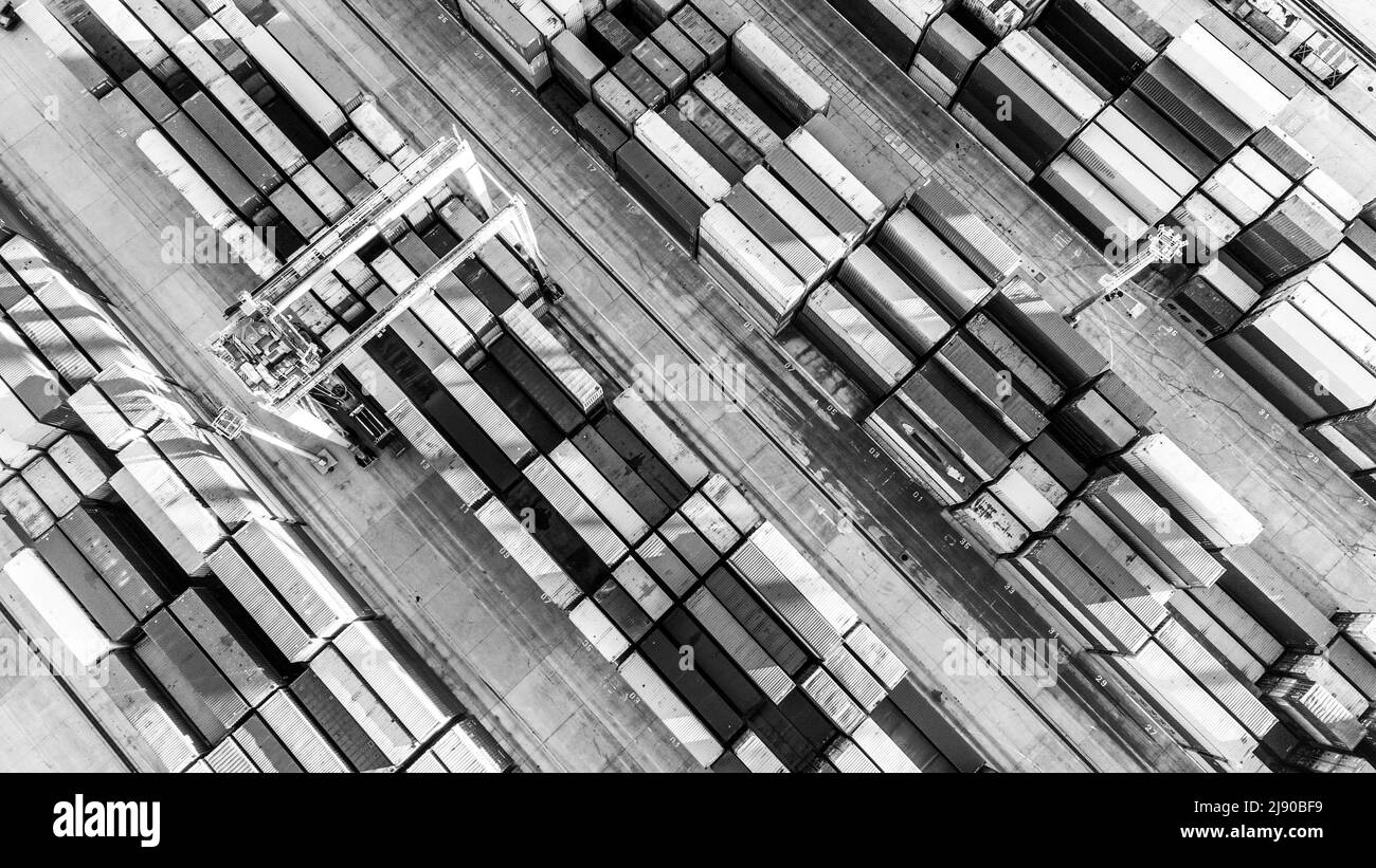 Aerial view of shipping container port terminal. Colourful pattern of containers in harbor. Maritime logistics global inport export trade Stock Photo