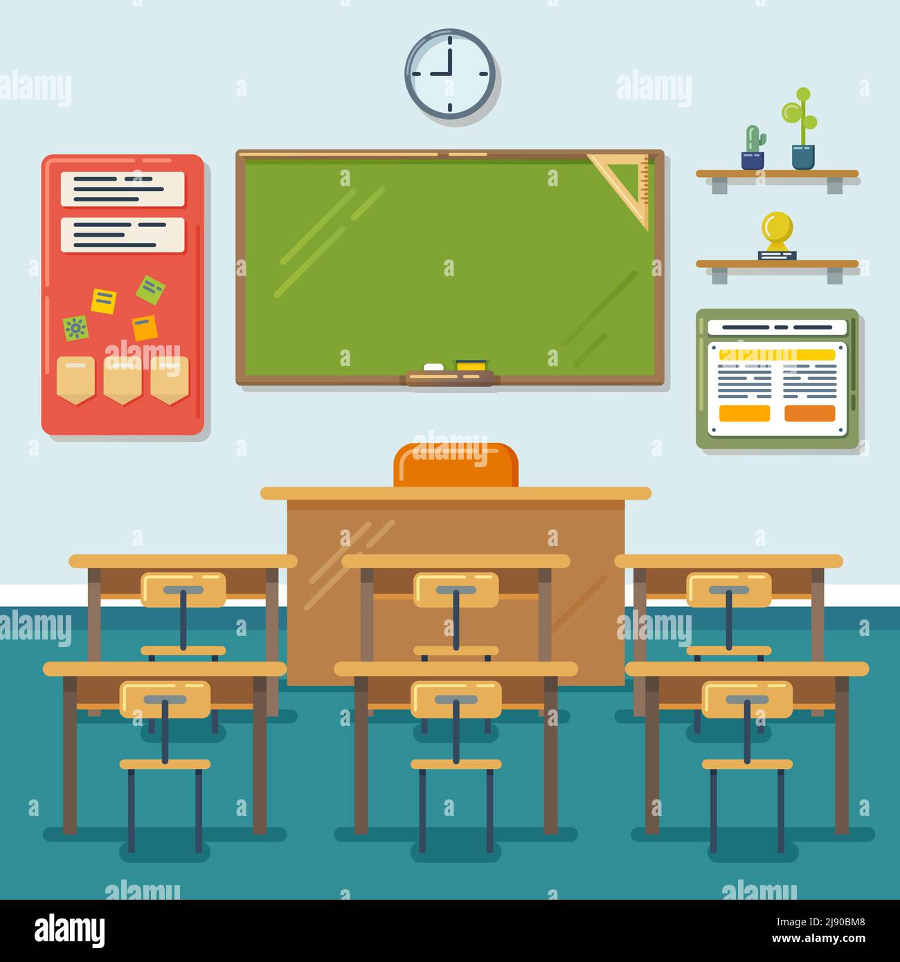 School classroom with chalkboard and desks. Class for education, board