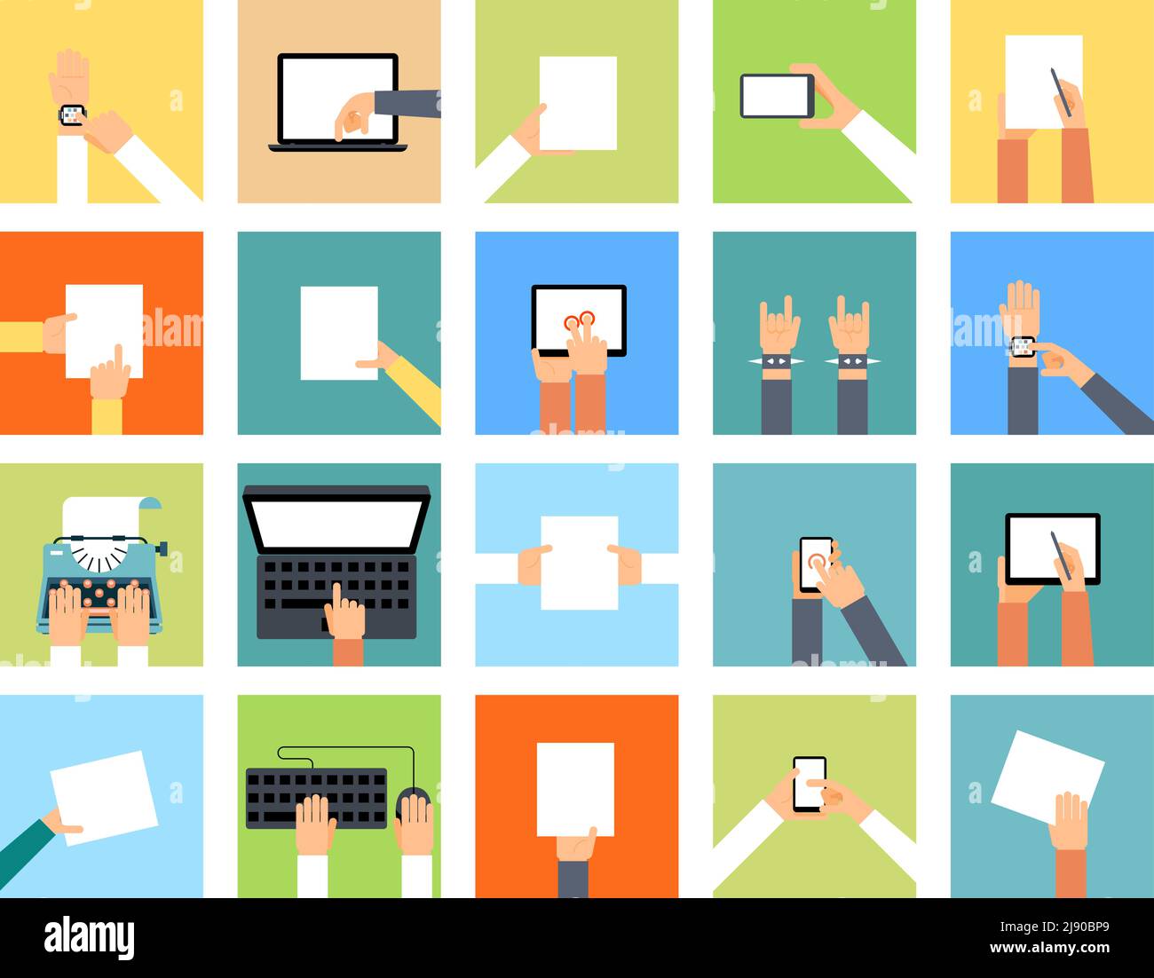 Flat hand icons holding various devices and hands are doing different ...