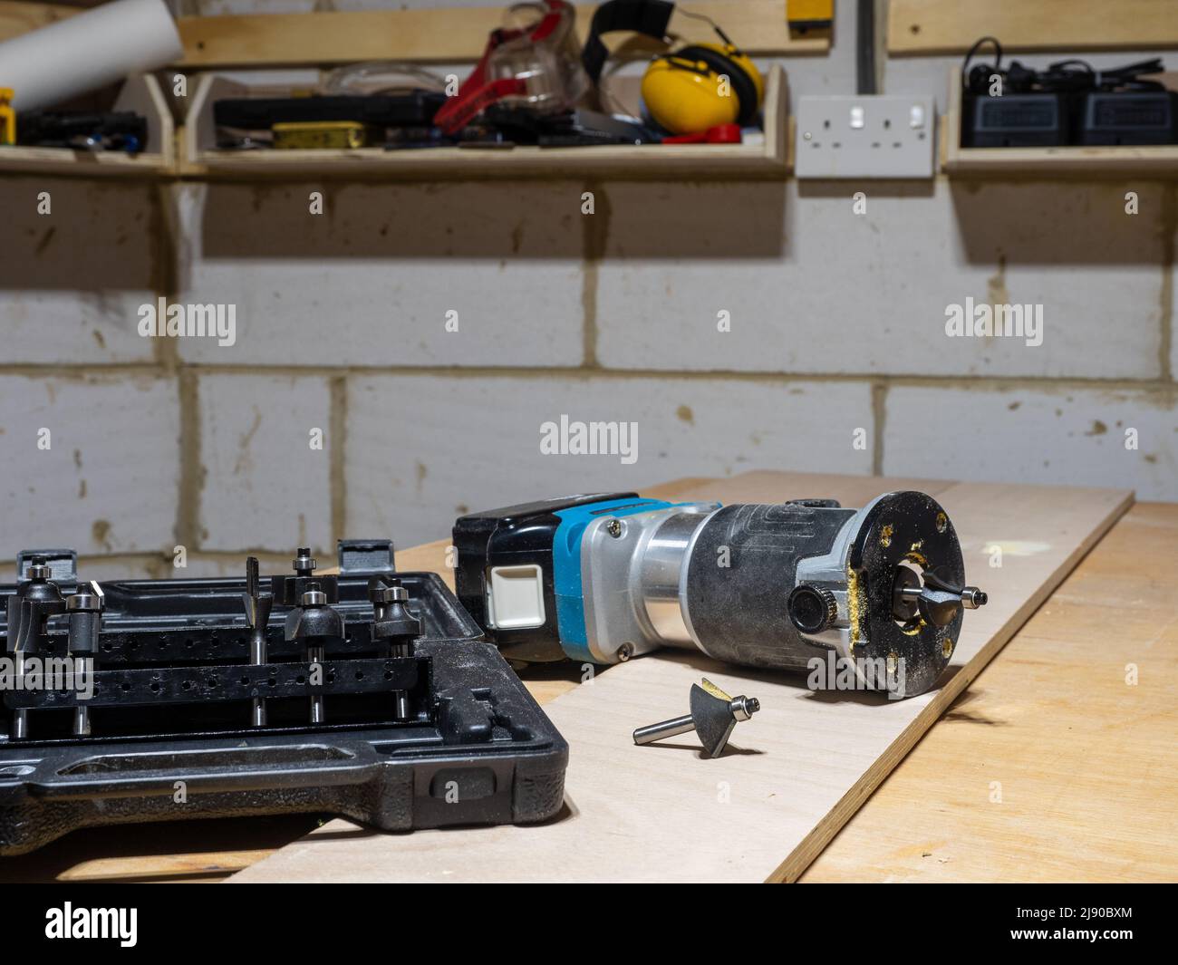 selected focus on a case of carbon steel tempered router bits with a ...