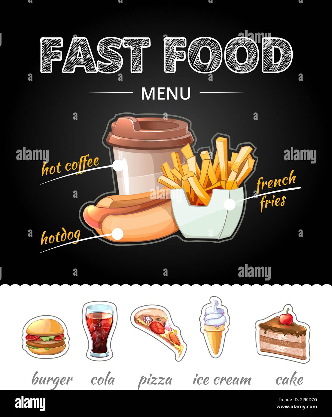 Fastfood advertising on chalkboard. Lunch cola and french fries, pizza