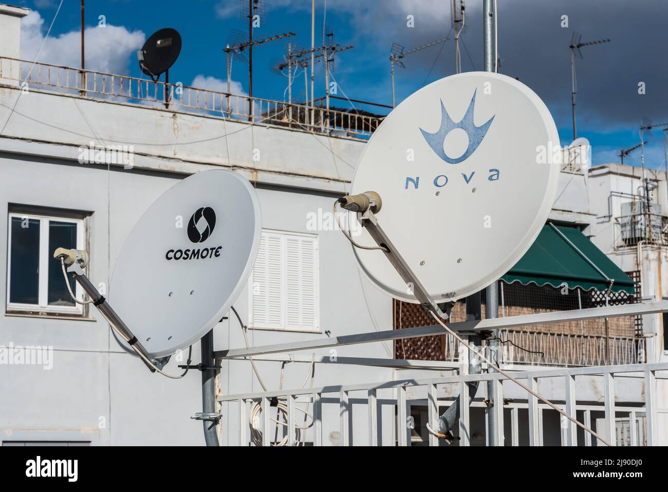 Athens, Attica - Greece - 12 26 2019: Nova and cosmote satellite antennas  for TV and radio broadcasting Stock Photo - Alamy