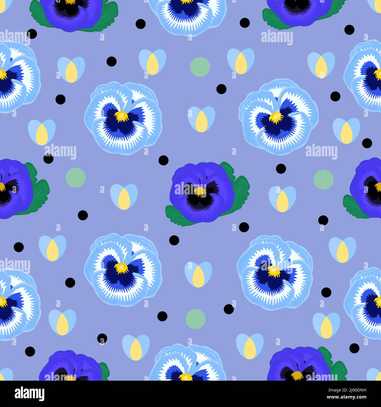 Blue pansies with hearts and dots, seamless pattern Stock Vector