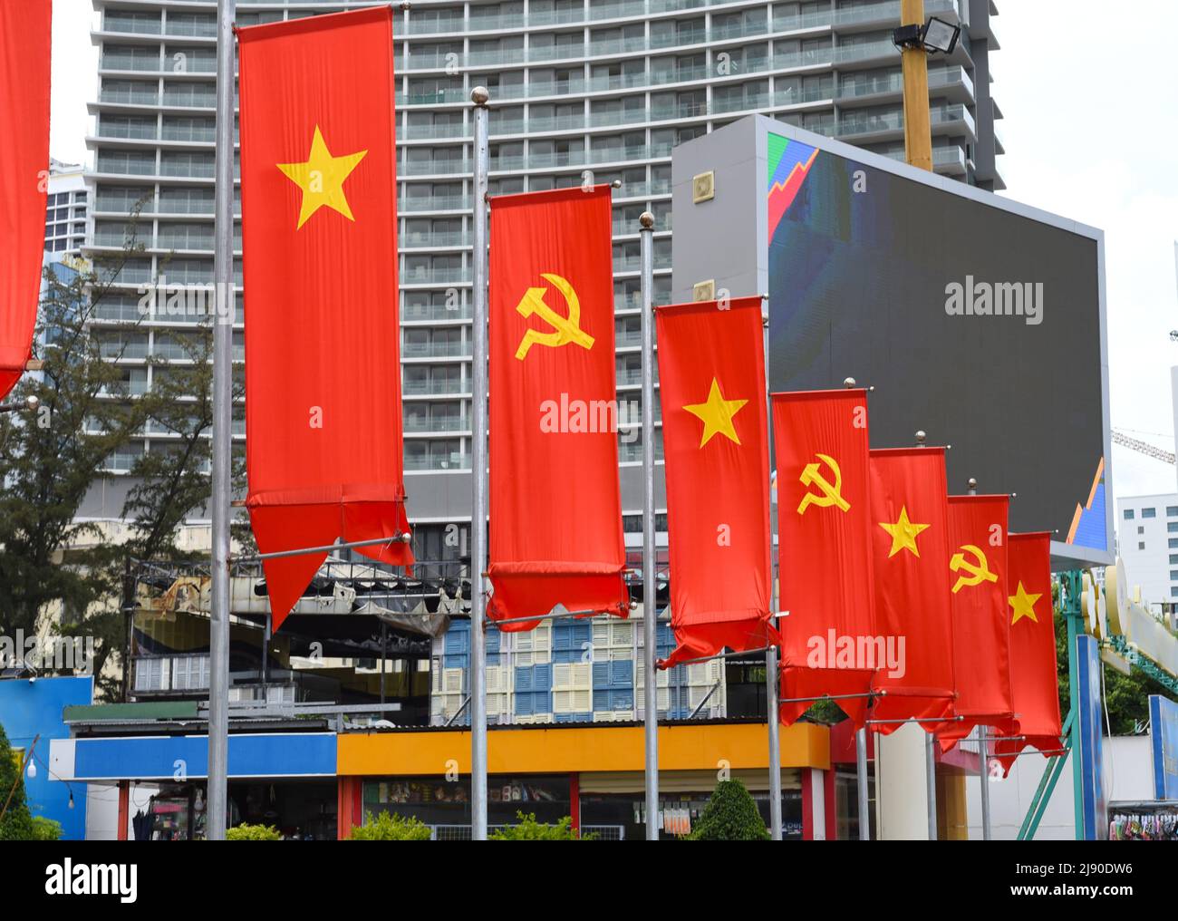 Vietnamese flags and communism flags in Nha Trang Vietnam Stock Photo