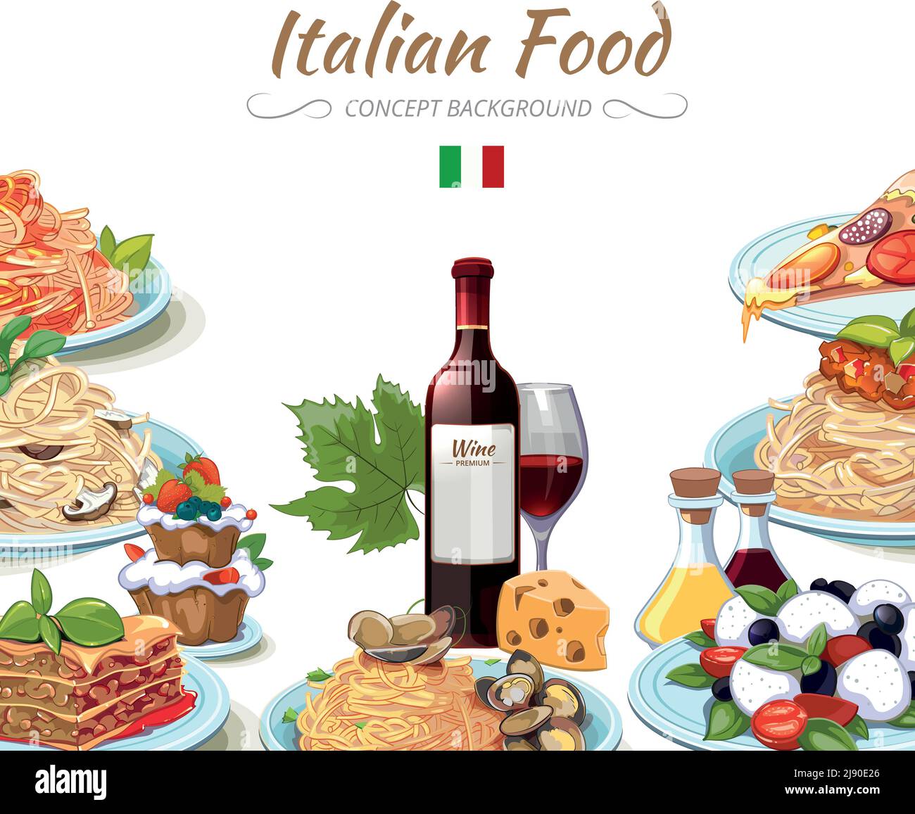 Italian cuisine food background. Cooking lunch pasta, spaghetti and cheese, oil and wine. Vector illustration Stock Vector