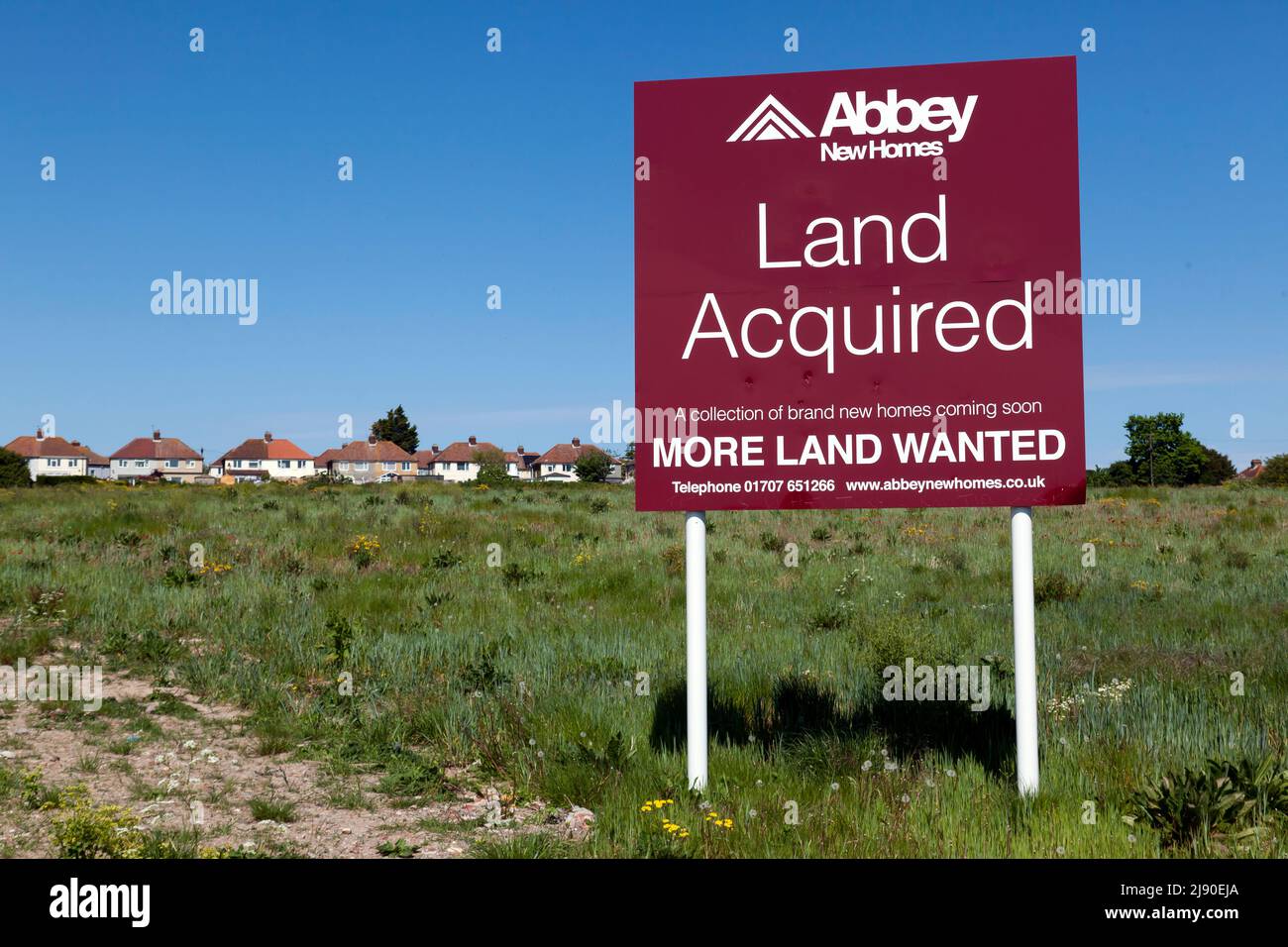 Abbey New Homes announcing that they are going to build 100 new dwellings in a field  at Cross Road, Walmer Deal. Stock Photo
