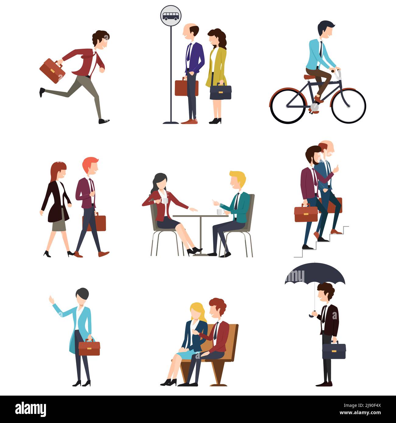 Business people urban outdoor activity. Work businessman, man, talking businesswoman. Men and women characters set. Vector illustration Stock Vector
