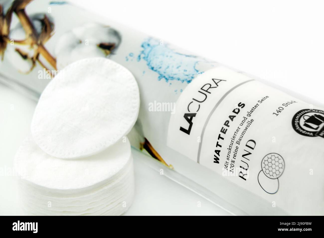 Hamburg, Germany May 18 2022 Lacura cotton pads close up Stock Photo
