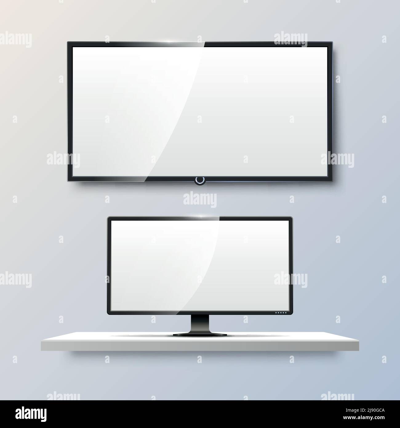 Lcd monitor and empty white flat TV screen. Display blank, technology