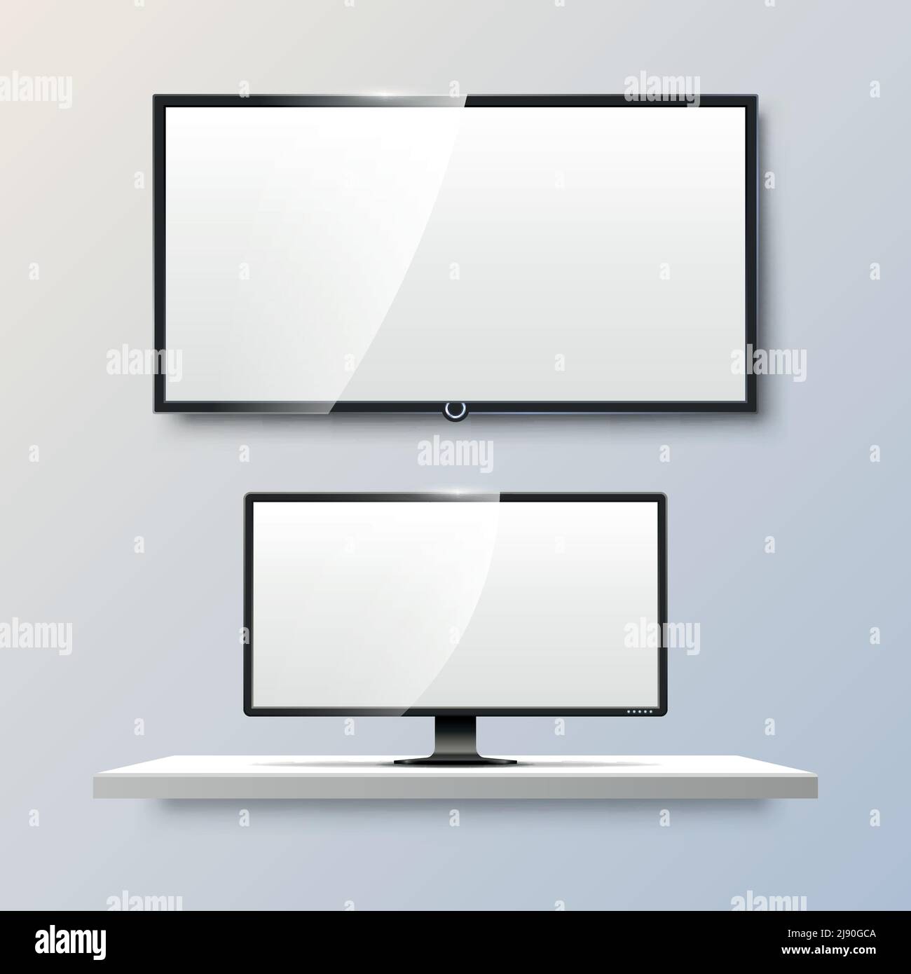 Lcd monitor and empty white flat TV screen. Display blank, technology digital, electronic equipment. Vector illustration templates Stock Vector