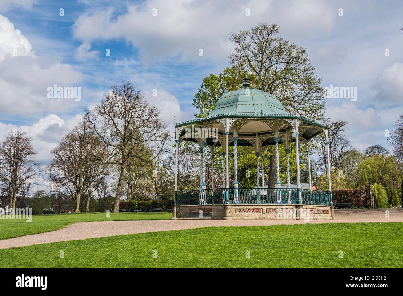 The image is of the decorative Gazebo bandstand in the Quarry Gardens