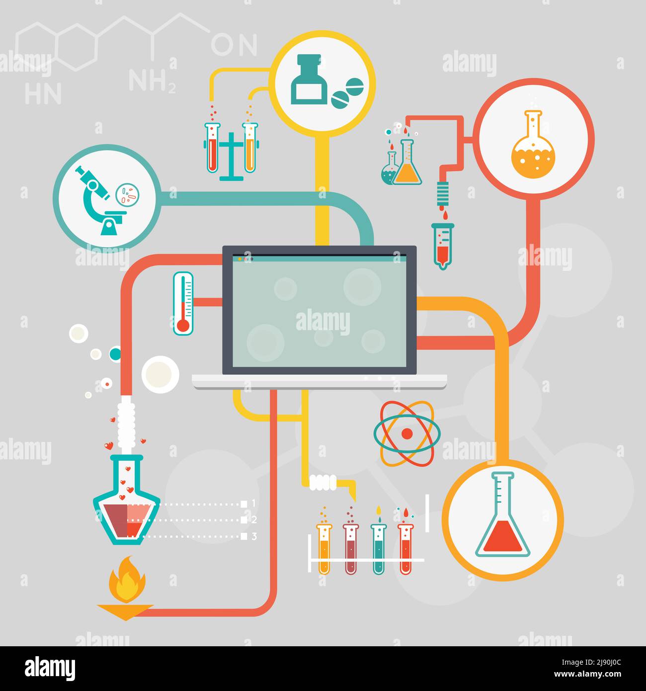 Science and research infographics with icons of different laboratory experiments in glassware and a microscope linked to a central computer screen dep Stock Vector