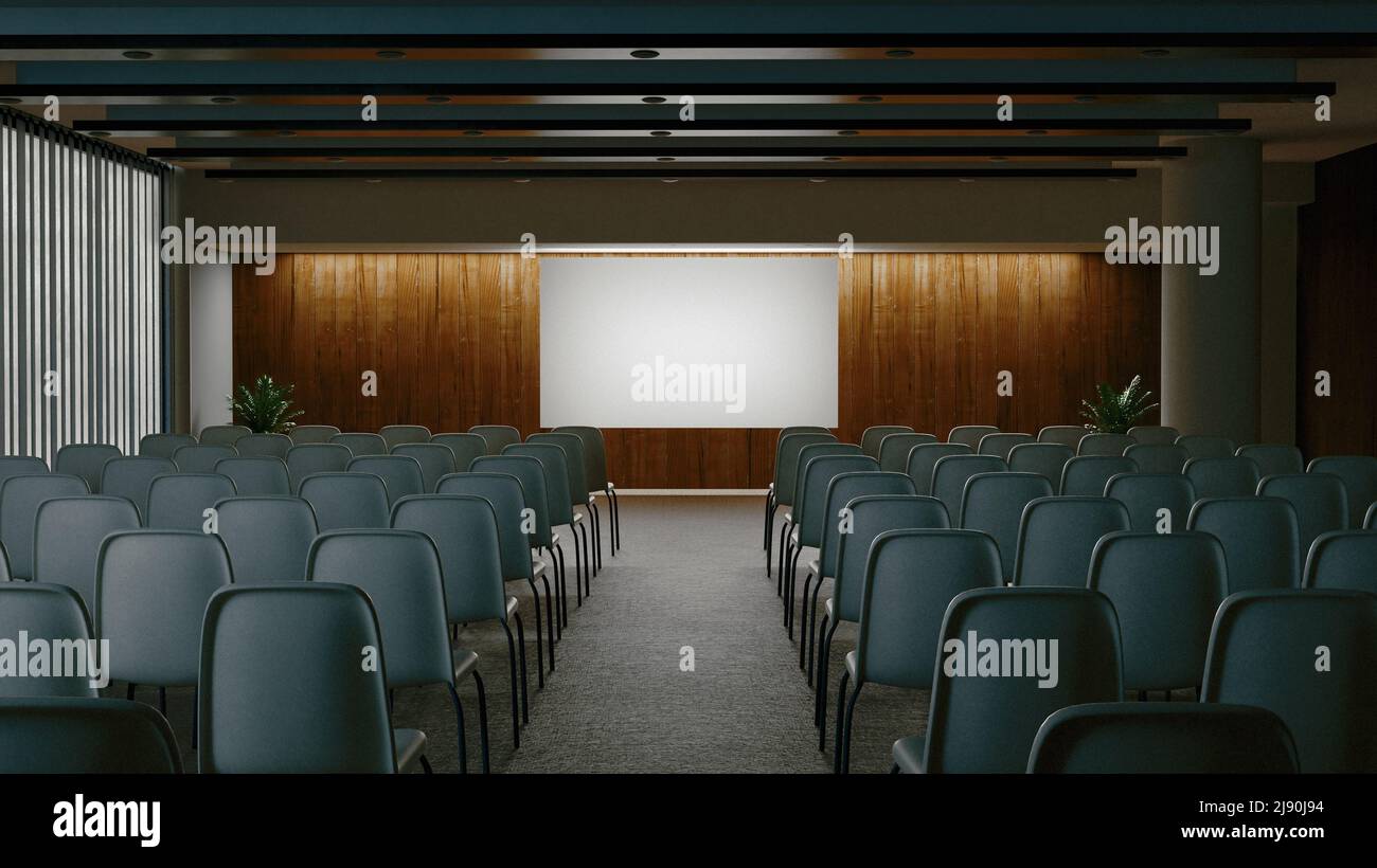 View of auditorium, classroom, lecture hall. Slider equipment. Professional interior 3d rendering Stock Photo