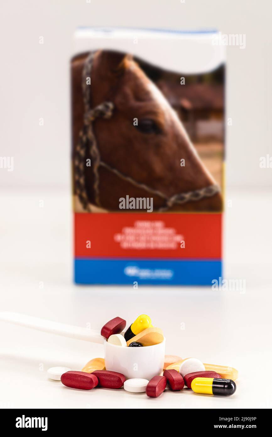 horse medicine, home pet vitamins, pet medical care, spot focus Stock Photo Alamy