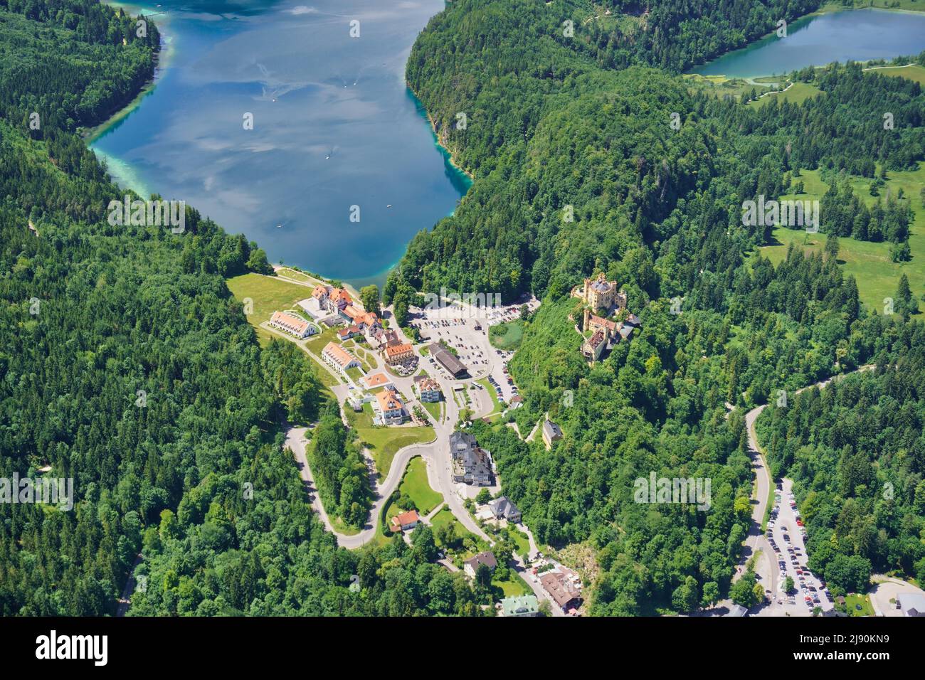 Aerial view of Hohenschwangau and Lake Alpsee in Bavaria, Germany. Stock Photo