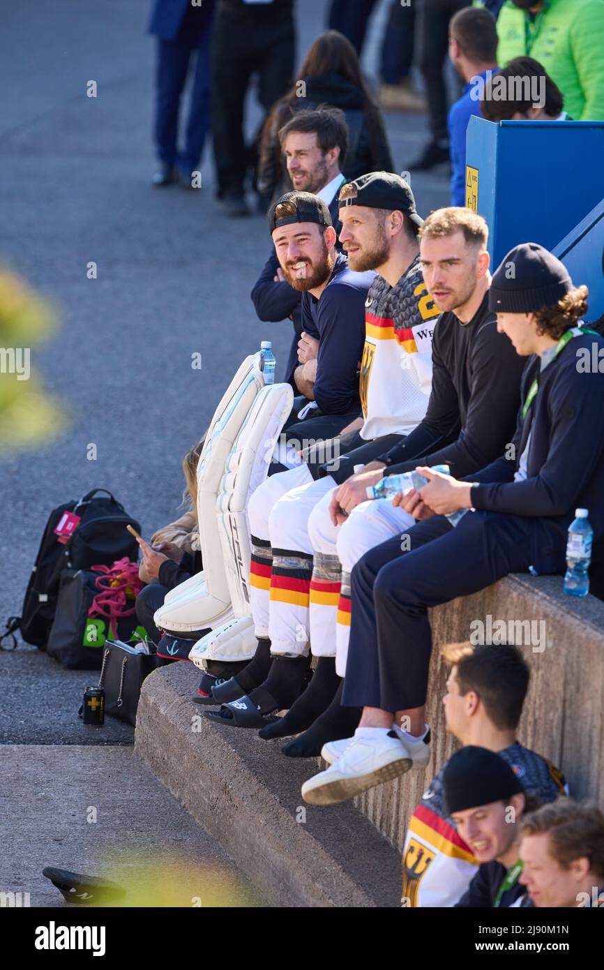 Fire alarm, players had to go out of the hall, Philipp GRUBAUER Goalie  Nr.30 of Germany Daniel SCHMÖLZ Nr.25 of Germany  in the match GERMANY - DENMARK  of the IIHF ICE HOCKEY WORLD CHAMPIONSHIP Group B  in Helsinki, Finland, May 19, 2022,  Season 2021/2022 © Peter Schatz / Alamy Live News Stock Photo