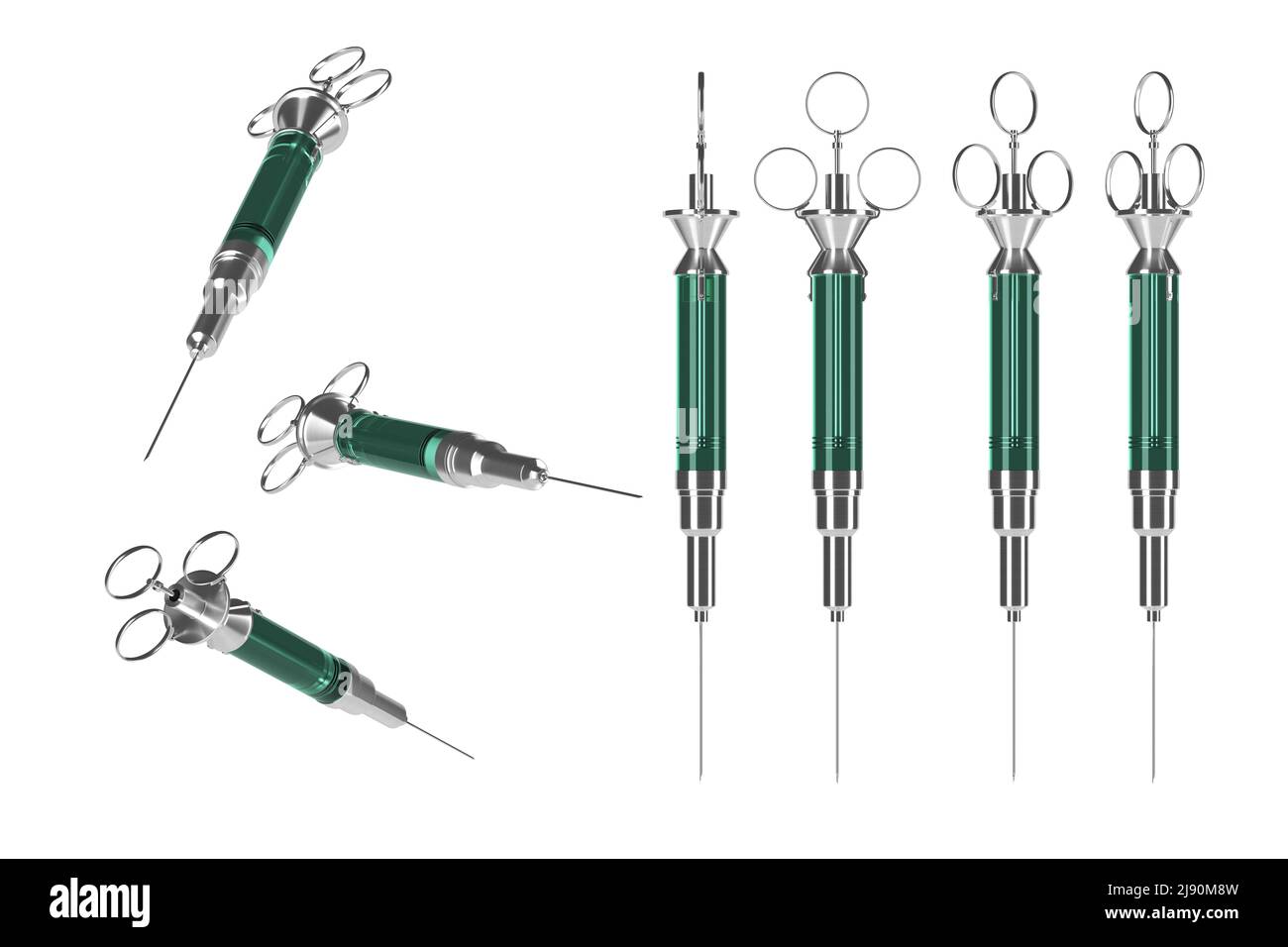 Vintage reusable syringe with green liquid isolated on white background. History of science and medicine, alchemy, vaccination. 3d render Stock Photo
