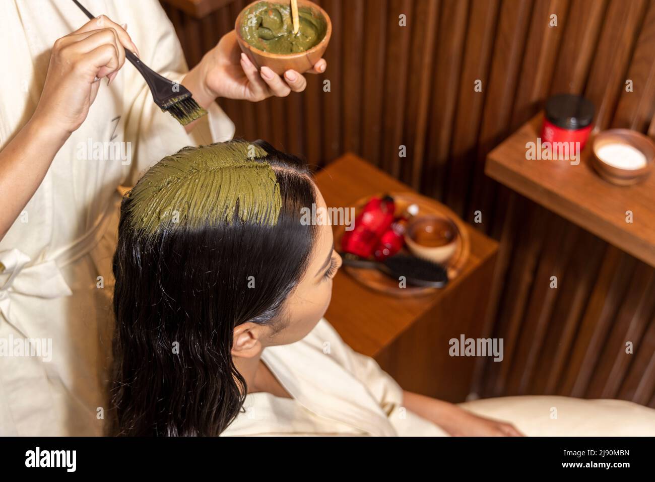 Matcha hair treatment for women Stock Photo