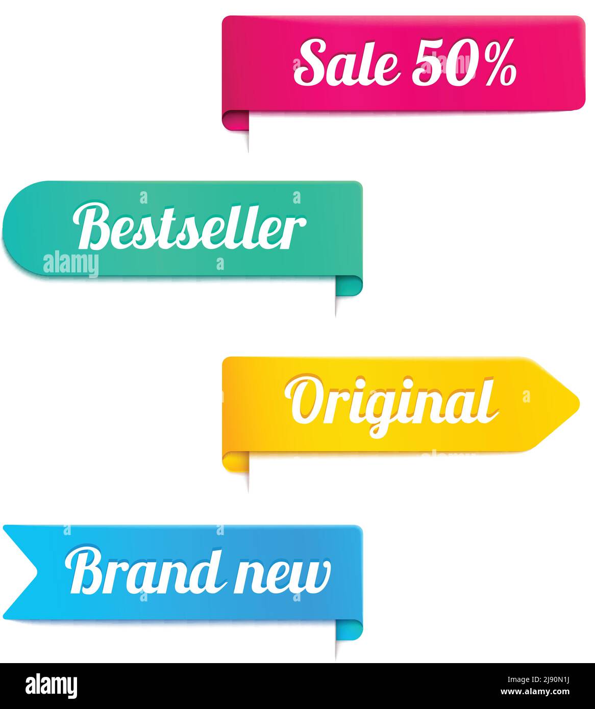 Four colorful vector ribbons or banners for a retail store in magenta  yellow  cyan and blue with the text - Sale 50 percent - Bestseller - Original - Stock Vector