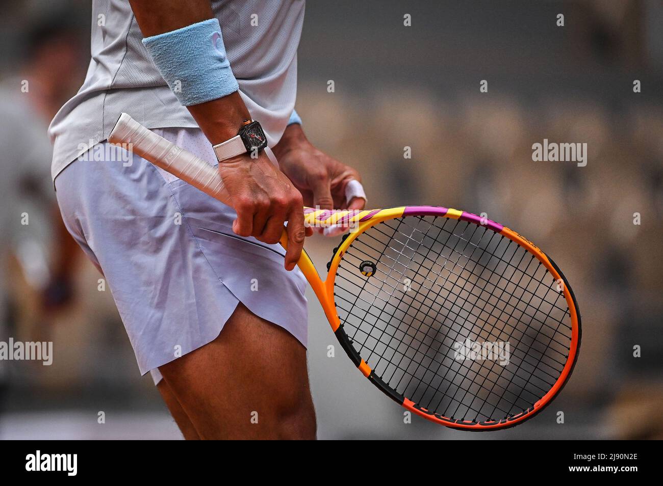 Illustration of watch and tennis racket of Rafael NADAL of Spain during a training session of Roland-Garros 2022, French Open 2022, Grand Slam tennis tournament on May 18, 2022 at the Roland-Garros