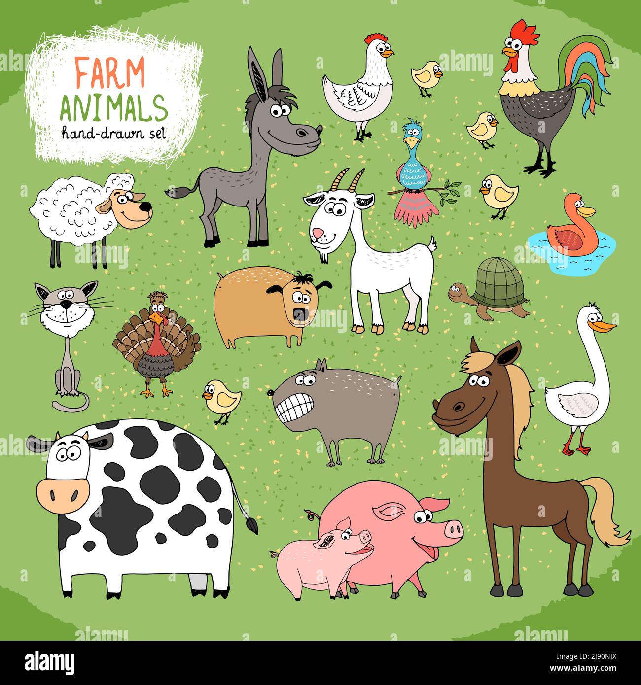 Set of hand-drawn farm animals and livestock with a black and white cow  horse  donkey  sheep  pig  piglet  goose  duck  rooster  hen with chicks  gua Stock Vector