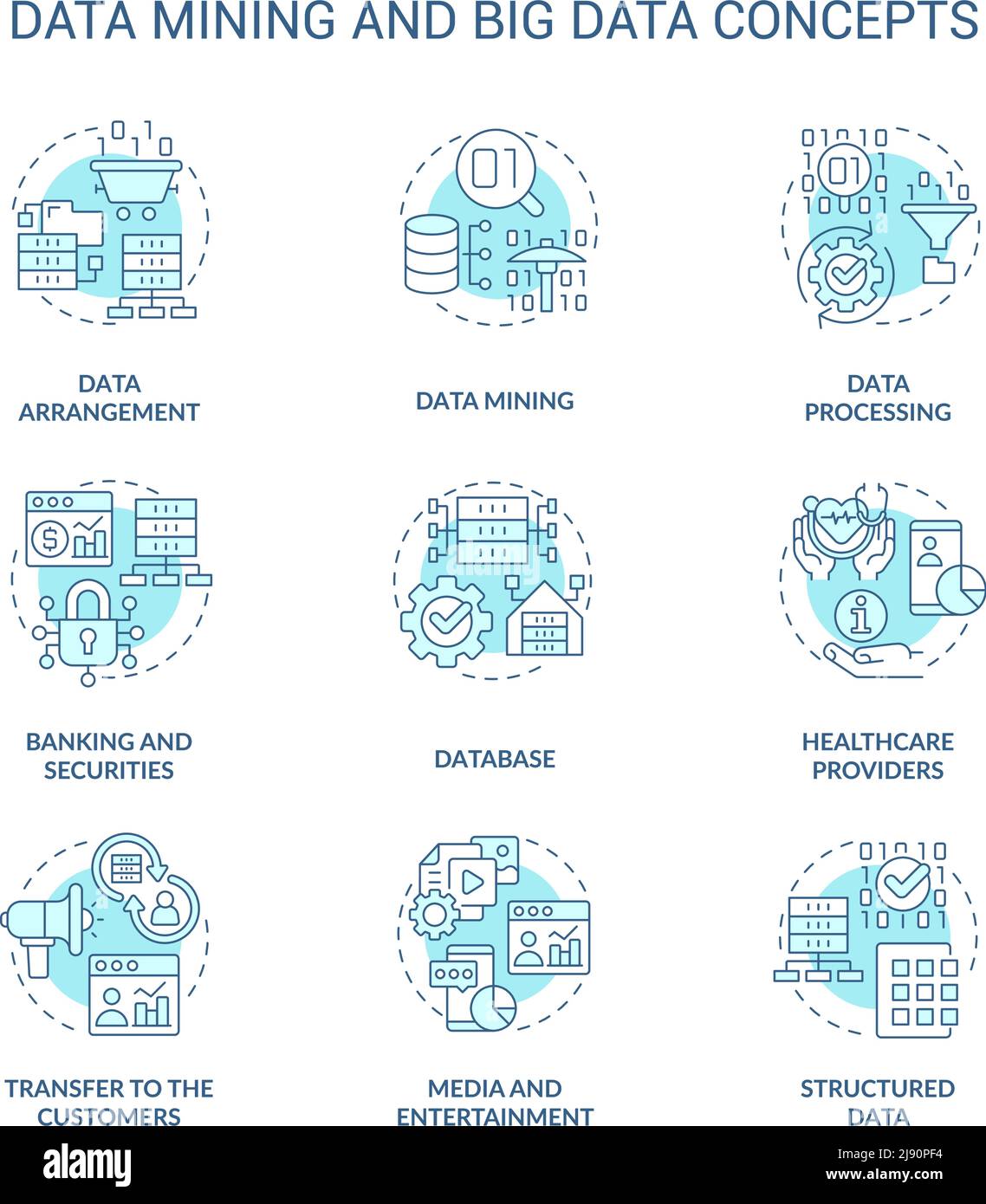 Data mining and big data turquoise concept icons set Stock Vector