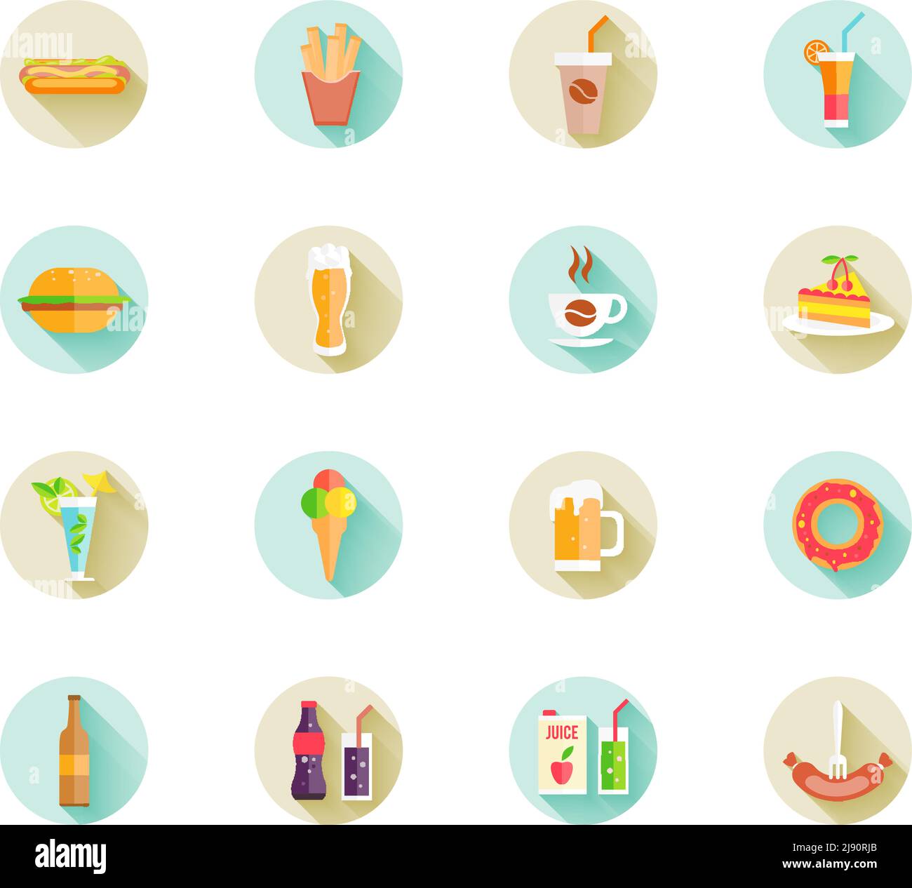 Set of colorful fast food icons on web buttons with various beverages and food including hamburger  sausage  cake  hotdog  French fries  doughnut and Stock Vector