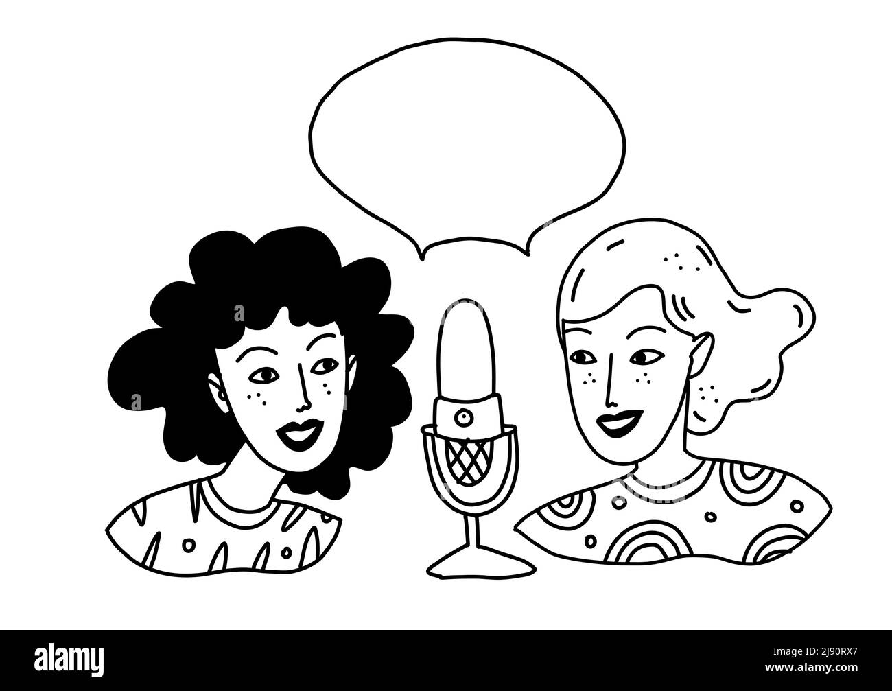 Two women speak into a microphone. Young girls talk and broadcast. Vector illustration in cartoon style with characters hosting a podcast. Stock Vector