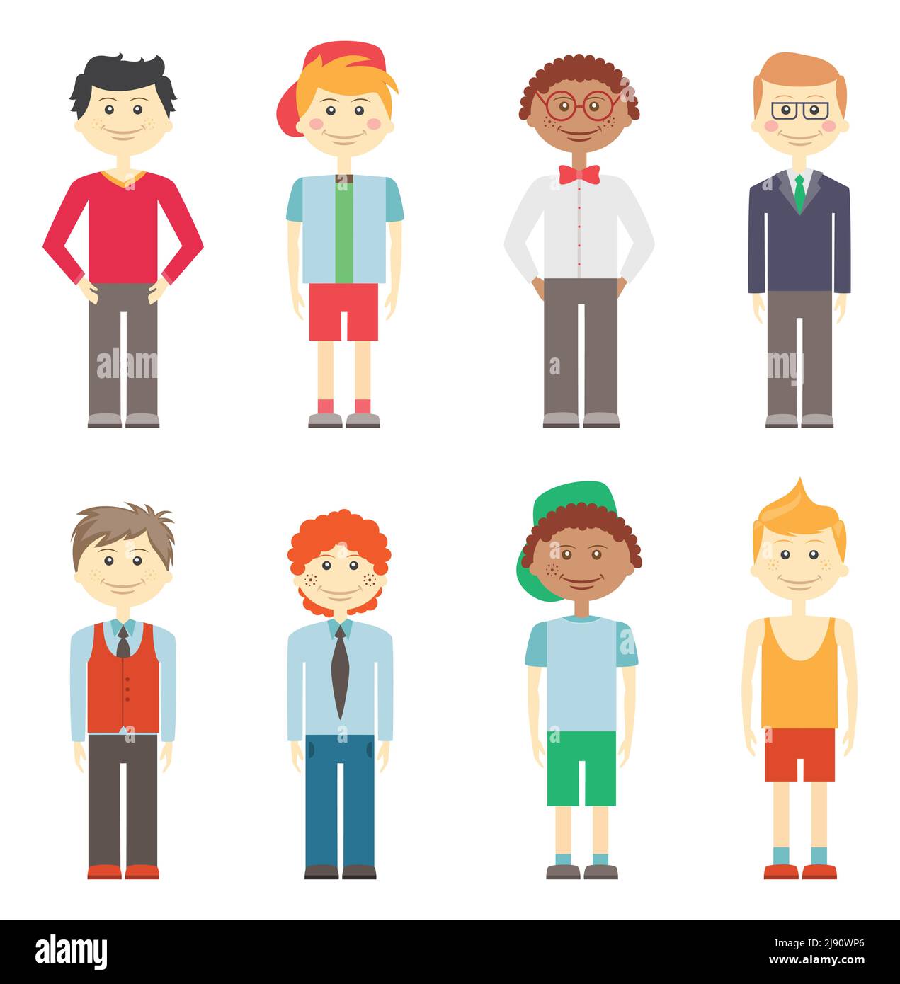Set of eight different colorful vector smiling boys in casual smart and ...