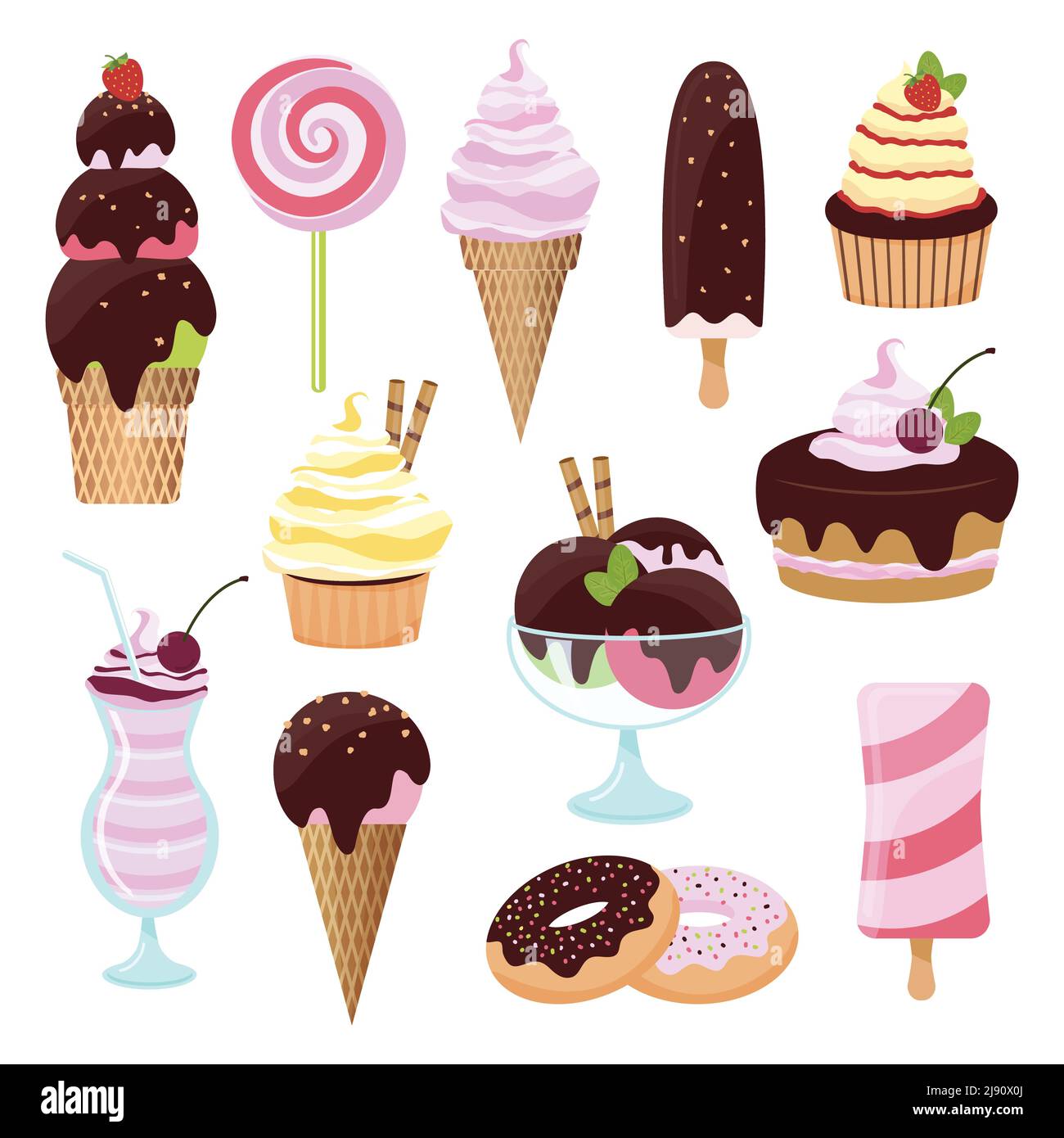 Pastries cakes and ice cream icon set with an ice cream cone and lolly