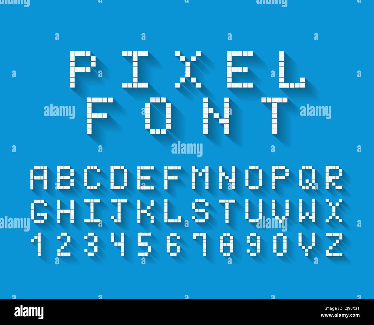 Pixel vector font with a complete set of uppercase alphabetical letters and the numbers 0 through 9 on a blue background Stock Vector