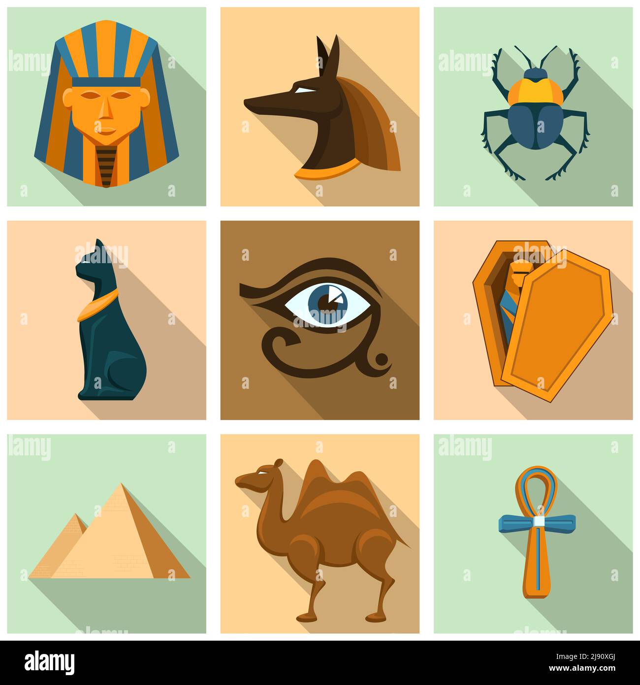 Egypt icon set. Pyramid and travel, coffin and sarcophagus, mummy and secret, archeology and sphinx, camel and beetle, vector illustration Stock Vector