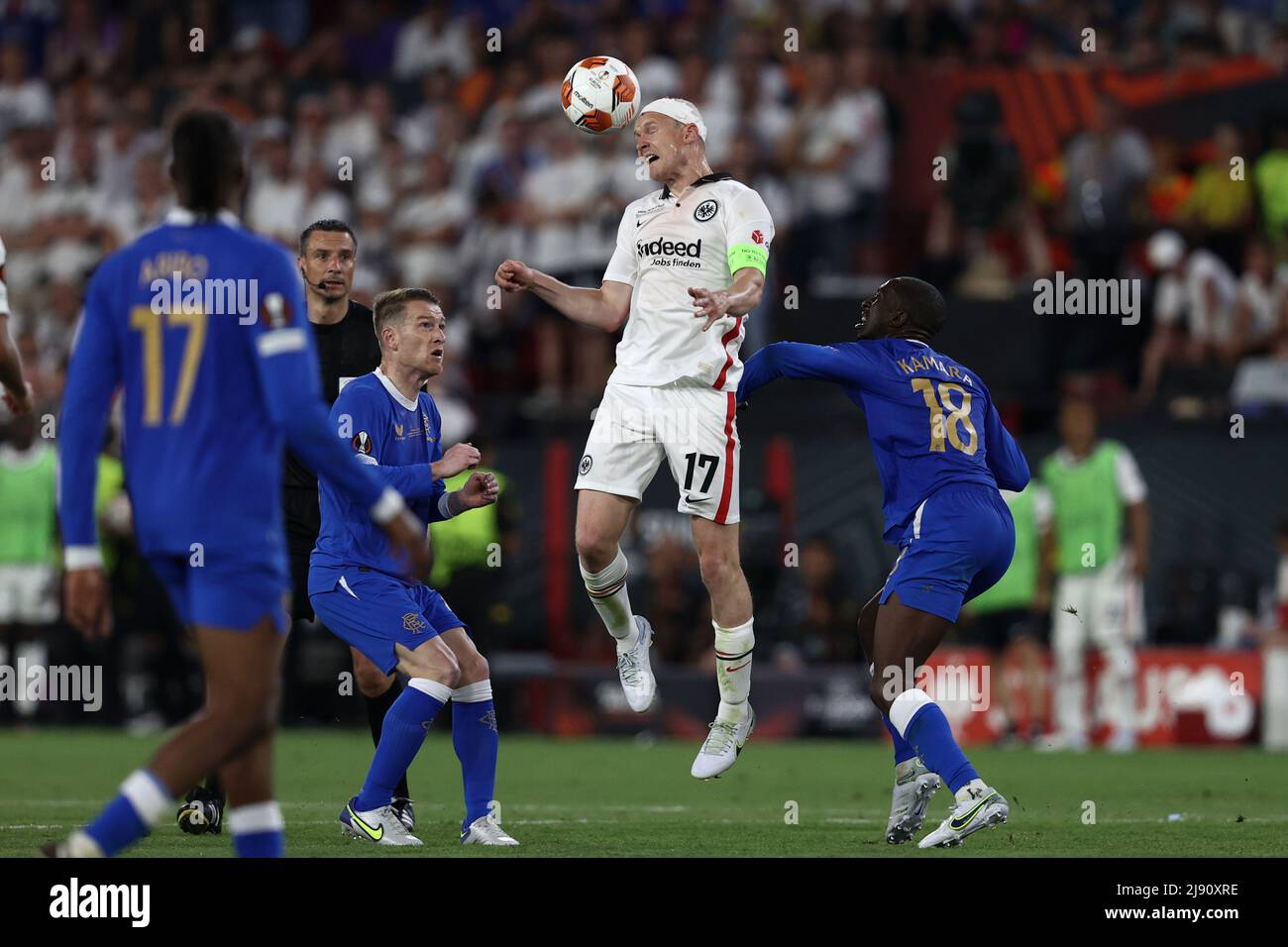 Seville, Spain. 18th May, 2022. Sebastian Rode (Eintracht Frankfurt) header during UEFA Europa League 2022 Final - Eintracht vs Rangers, football Europa League match in Seville, Spain, May 18 2022 Credit: Independent Photo Agency/Alamy Live News Stock Photo