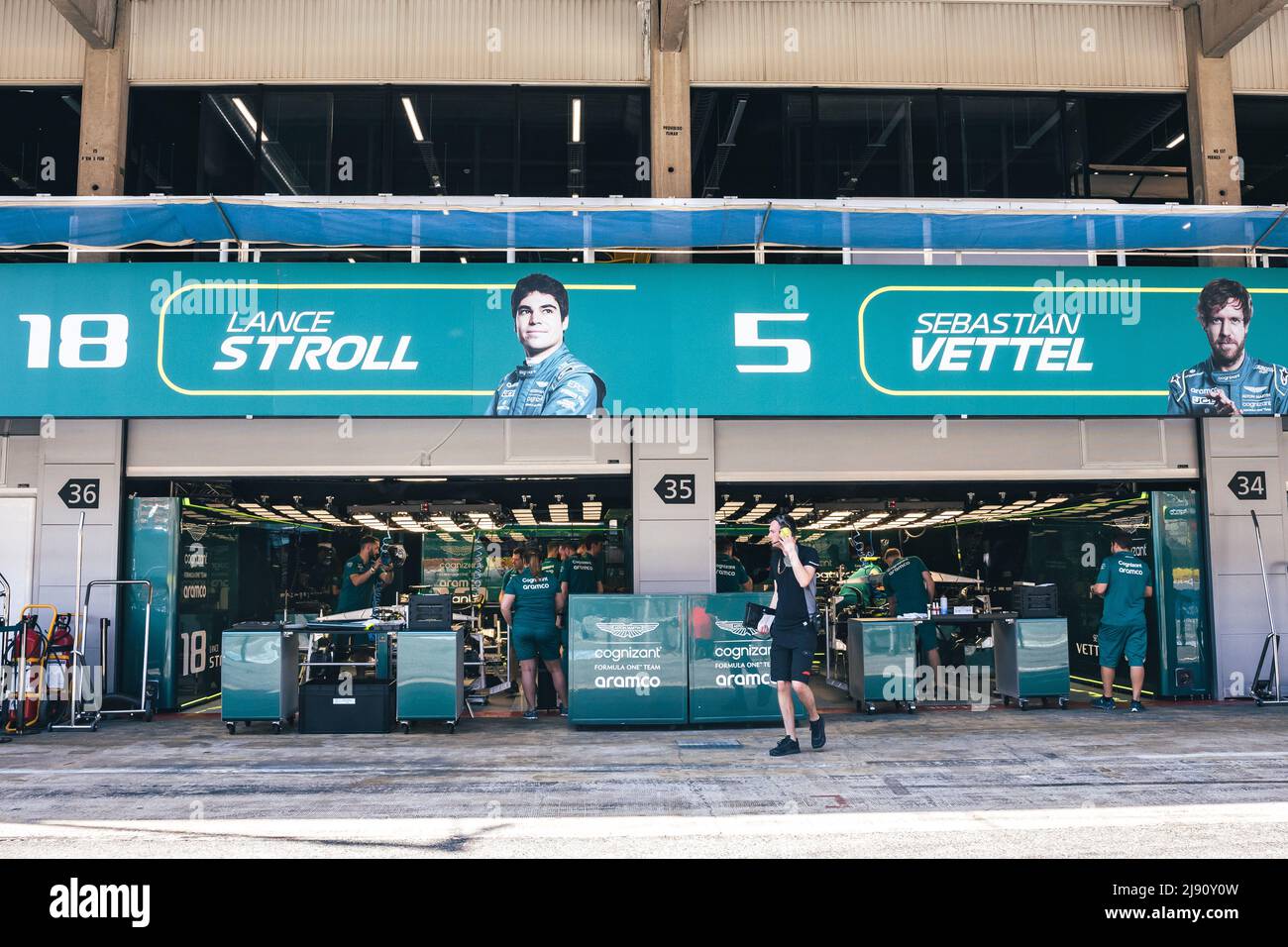 Aston Martin F1 Team pit garages. 19.05.2022. Formula 1 World Championship, Rd 6, Spanish Grand Prix, Barcelona, Spain, Preparation Day.  Photo credit should read: XPB/Press Association Images. Stock Photo