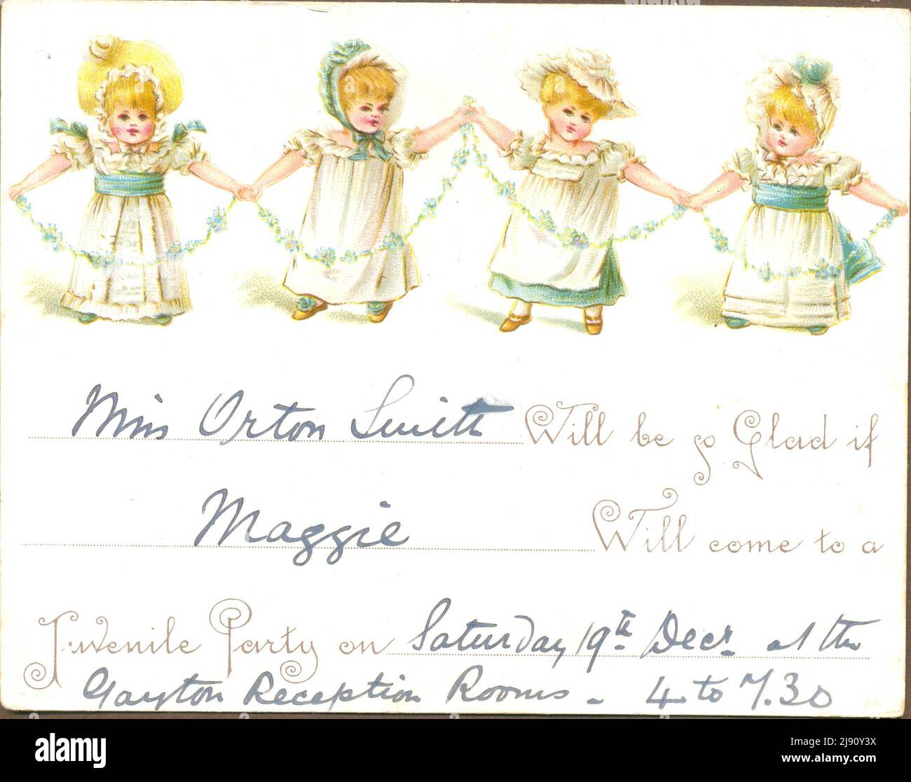 Chromolithographed invitation by artist Kate Greenaway  for a Juvenile Party on Saturday 19th December 1891 Stock Photo