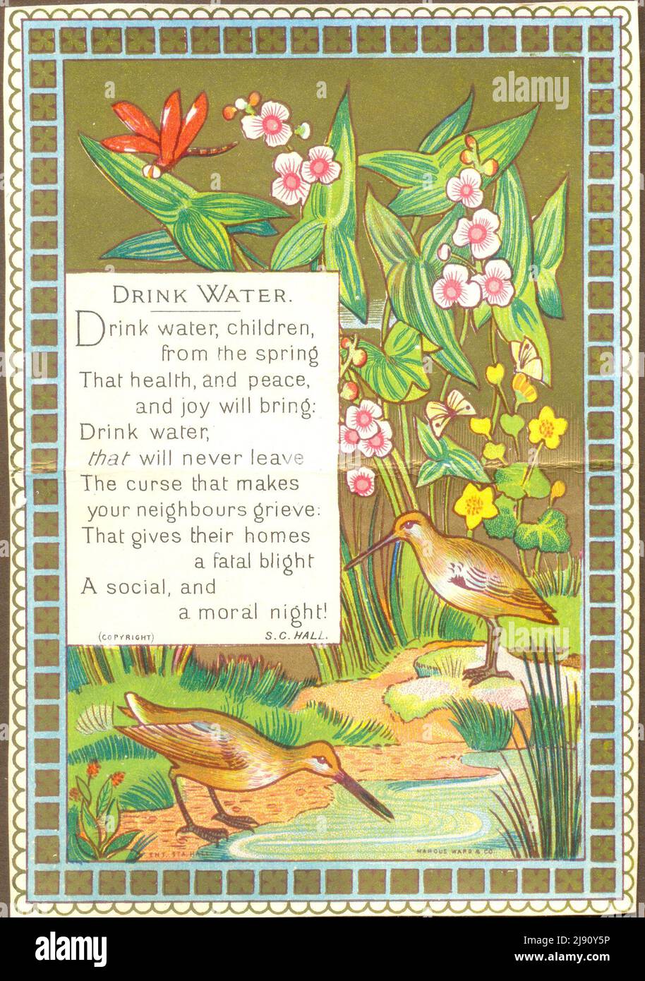 Chromolithographed greetings card titled Drink Water published by Marcus Ward circa 1888 Stock Photo