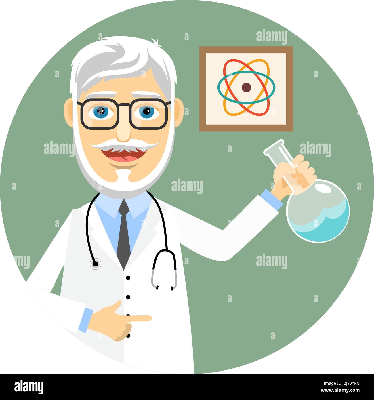 Elderly doctor or pharmacist wearing a lab coat and stethoscope and brandishing a flask with a chemical solution doing chemical experiments and biomed Stock Vector