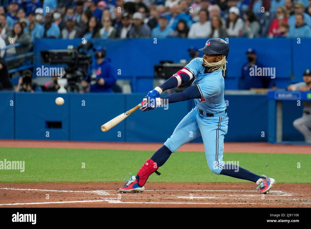 Toronto, Canada. 16th May, 2022. Toronto Blue Jay outfielder Raimel Tapia  (15) singled to deep left center during an MLB game between Seattle  Mariners and Toronto Blue Jays at the Rogers Centre