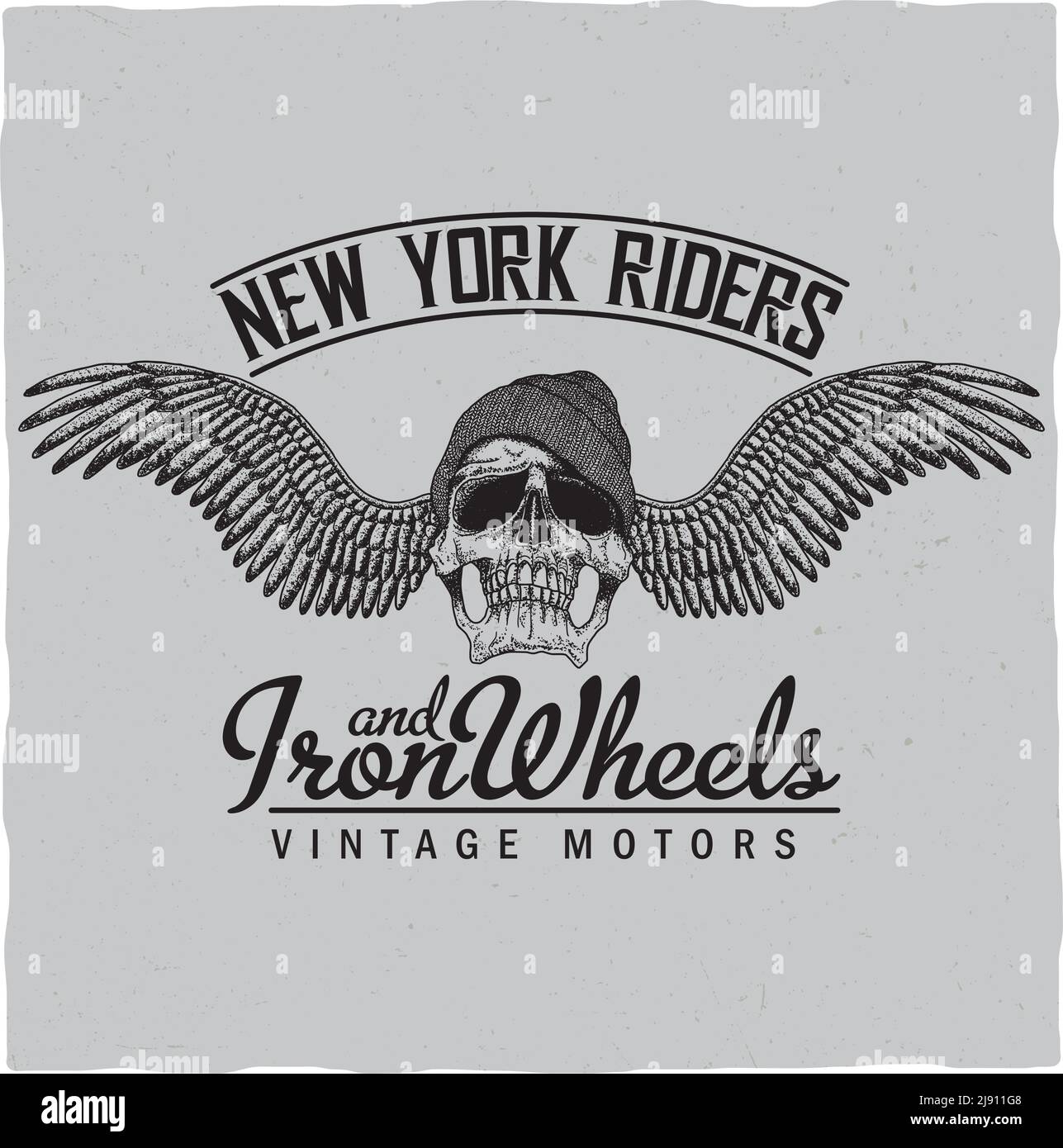 New York Riders Poster with skull in hat and wings vector illustration Stock Vector