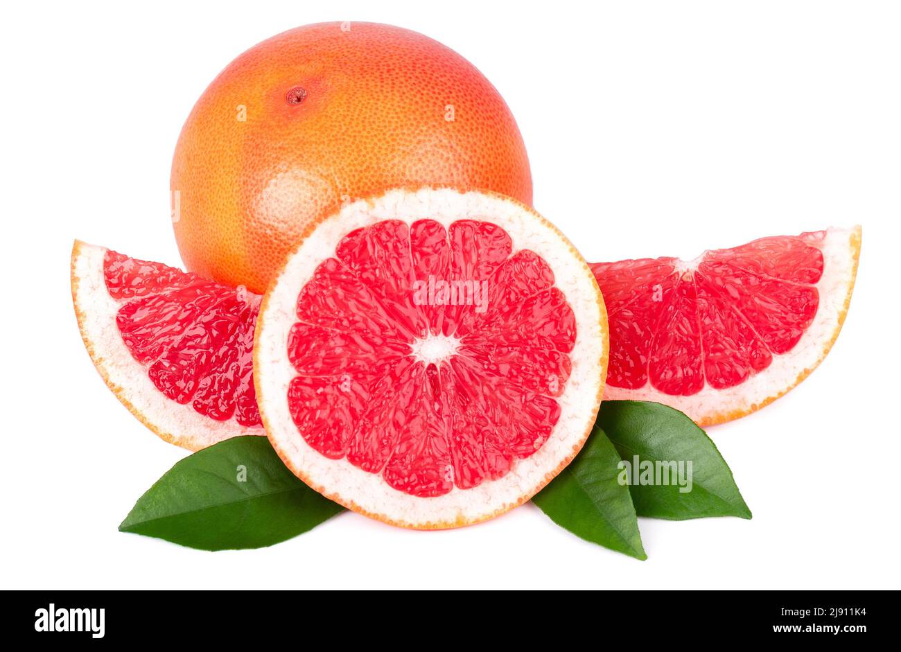 Pink grapefruit and slices isolated on white background. Fresh grapefruit with green leaves Stock Photo