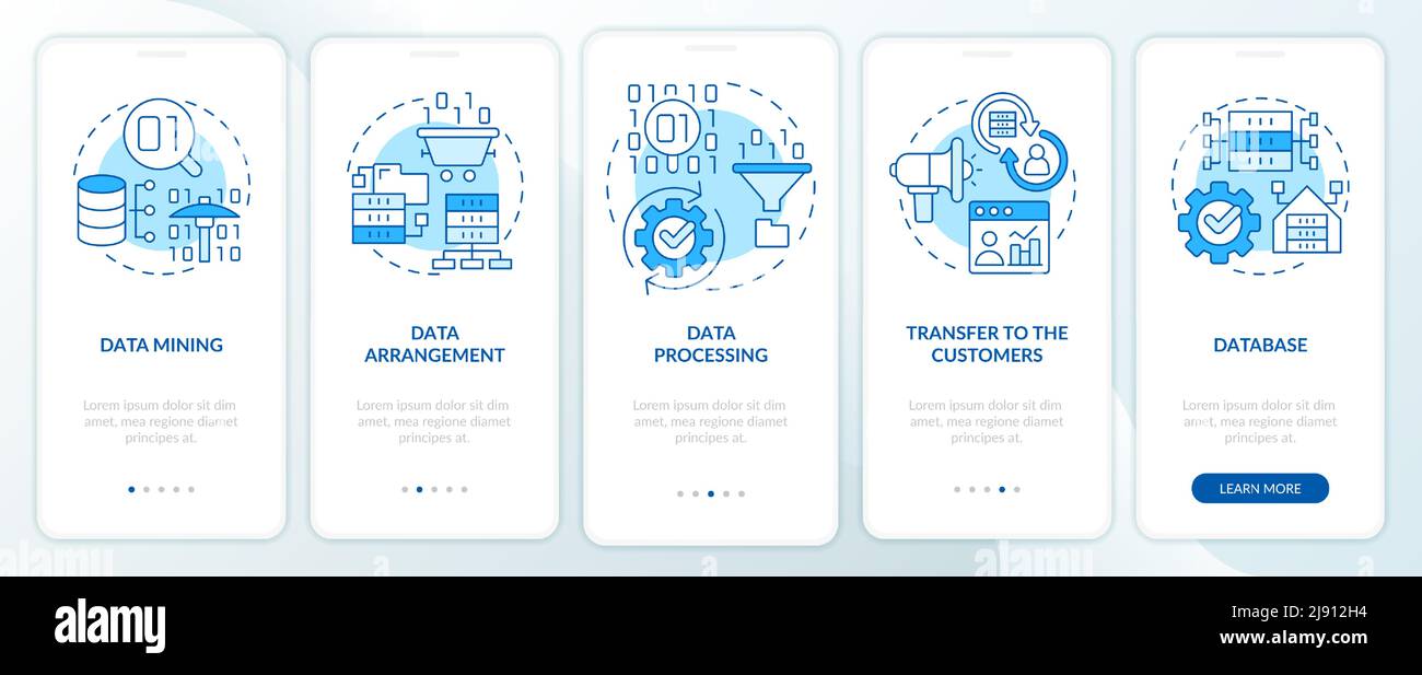 Collecting and processing data blue onboarding mobile app screen Stock Vector