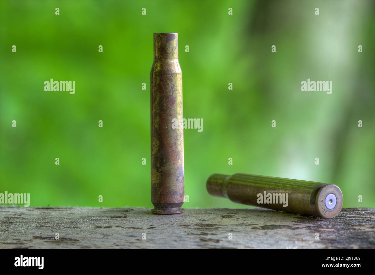 End of the hunting season. Two empty shell casings lie on the support board of the hunting pulpit. Stock Photo